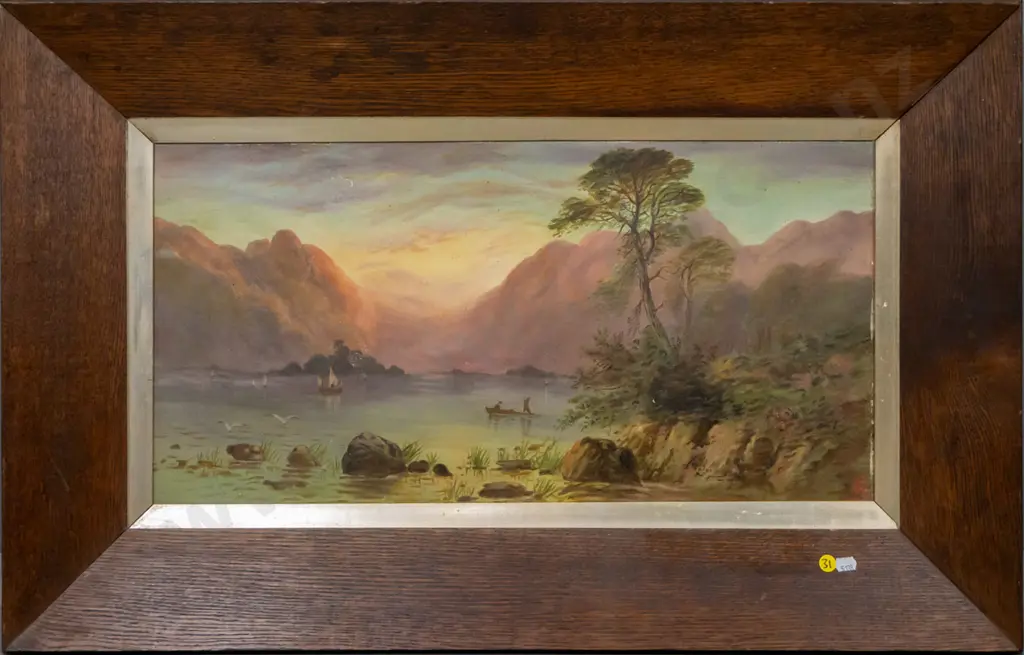 framed oil on board - lake scene (slight age damage) H-310 W-600 Image 1++