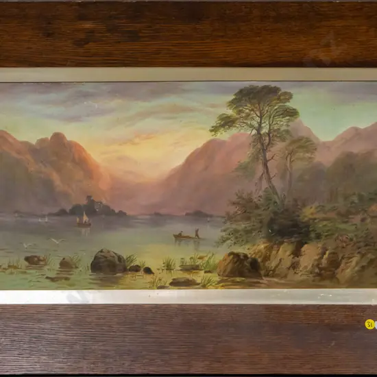 framed oil on board - lake scene (slight age damage) H-310 W-600