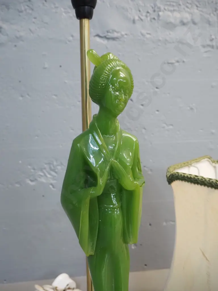 restorer's table lamp - composite/plastic Japanese figure & base, some damage to shade, light fitting wobbly Image 1++