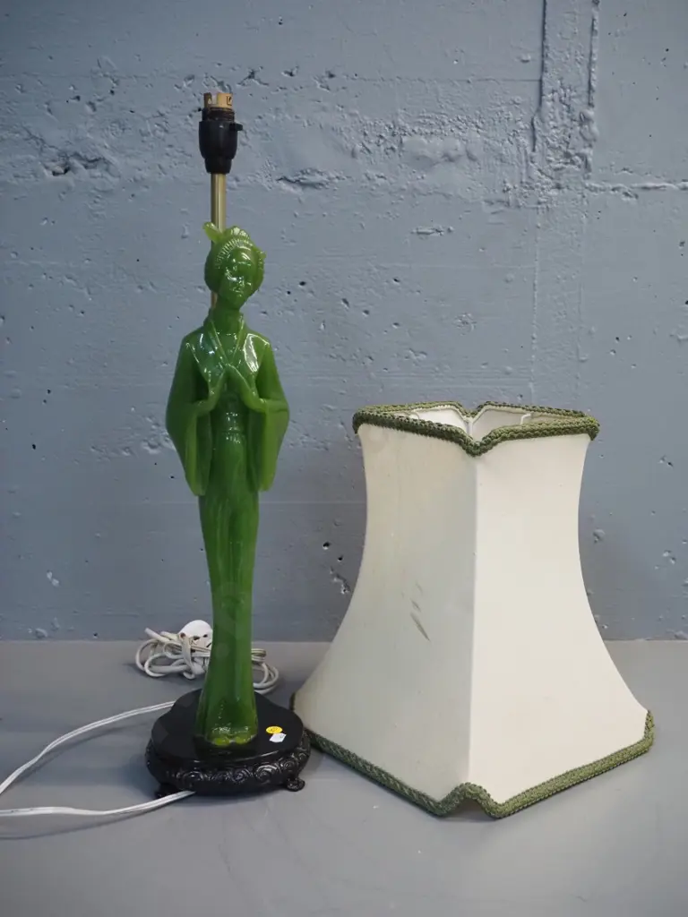 restorer's table lamp - composite/plastic Japanese figure & base, some damage to shade, light fitting wobbly Image 1++