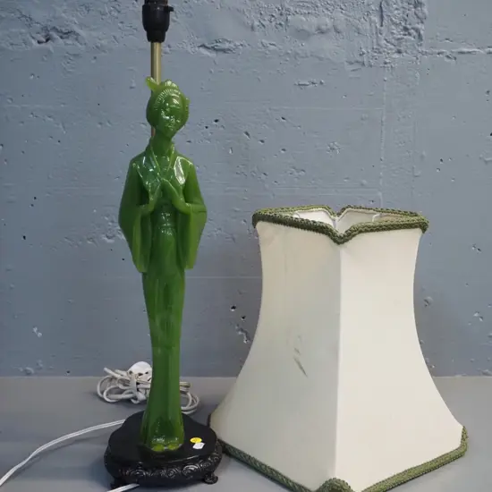 restorer's table lamp - composite/plastic Japanese figure & base, some damage to shade, light fitting wobbly