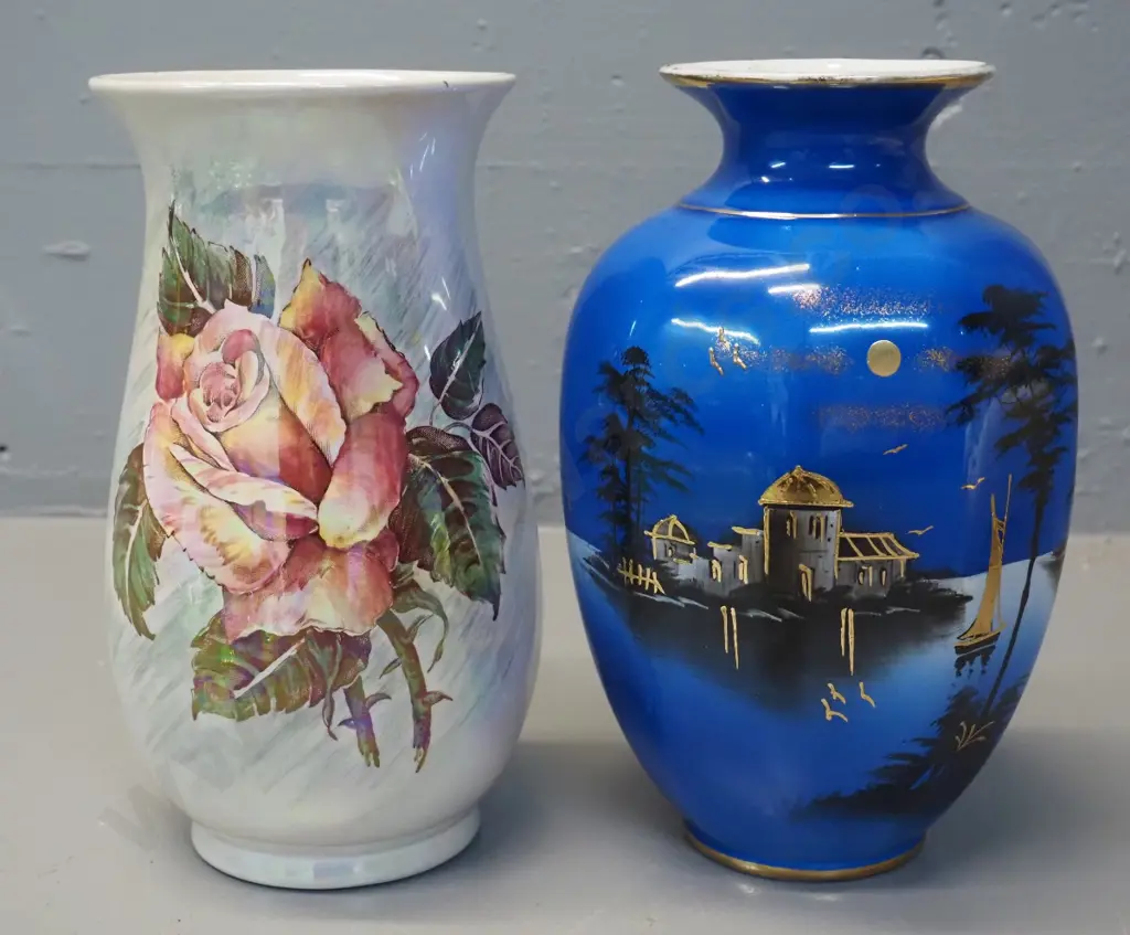 Sylvac Moonlight scene vase and Royal Winton rose lustre vase - both approx H-210 Image 1++