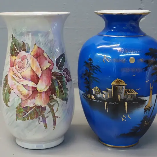 Sylvac Moonlight scene vase and Royal Winton rose lustre vase - both approx H-210