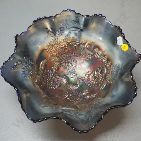 Carnival glass 3-footed bowl - dark blue windmill theme D-270