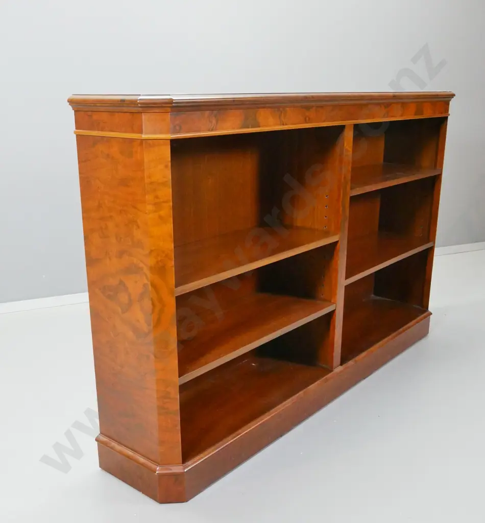 reproduction large burr walnut & mahogany bookcase w/4 adjustable shelves H-980 W-1545 D-290 Image 1++