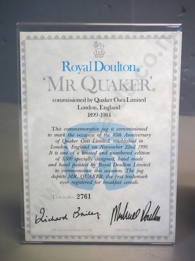 Royal Doulton large character jug - Mister Quaker, limited edition made for Quaker's Oats 1984 with certificate H-200 Image 1++