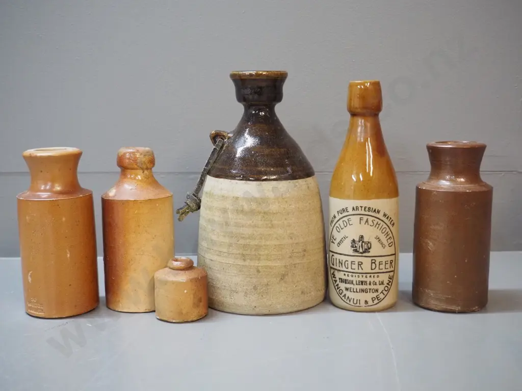 stoneware ginger beer and ink bottles and a flask with leather cord & initials MJS etched on base H240 Image 1++