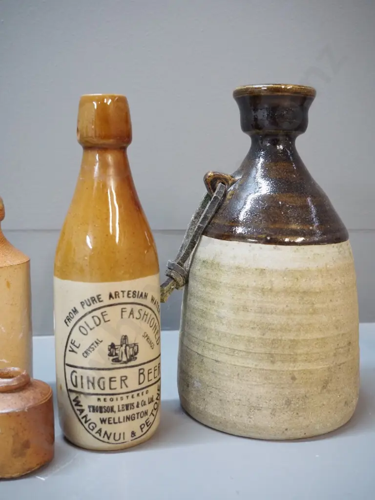 stoneware ginger beer and ink bottles and a flask with leather cord & initials MJS etched on base H240 Image 1++