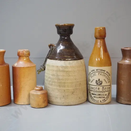 stoneware ginger beer and ink bottles and a flask with leather cord & initials MJS etched on base H240