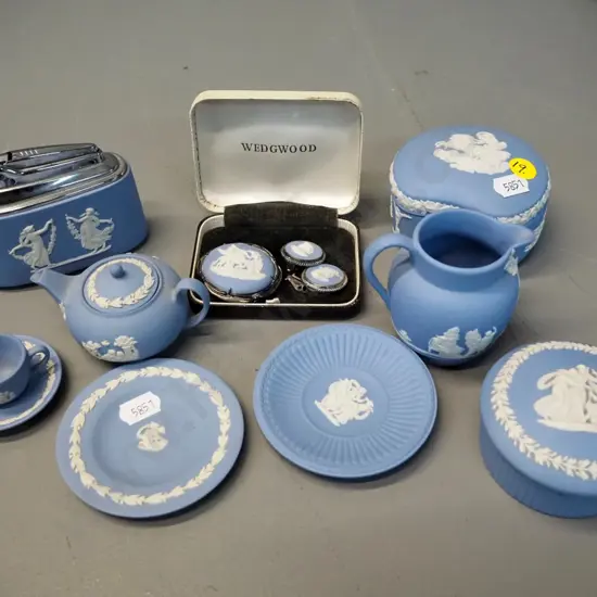 Wedgwood light blue jasperware: table lighter, 2 small trinkets, brooch & earring set (one damaged) miniature teapot etc
