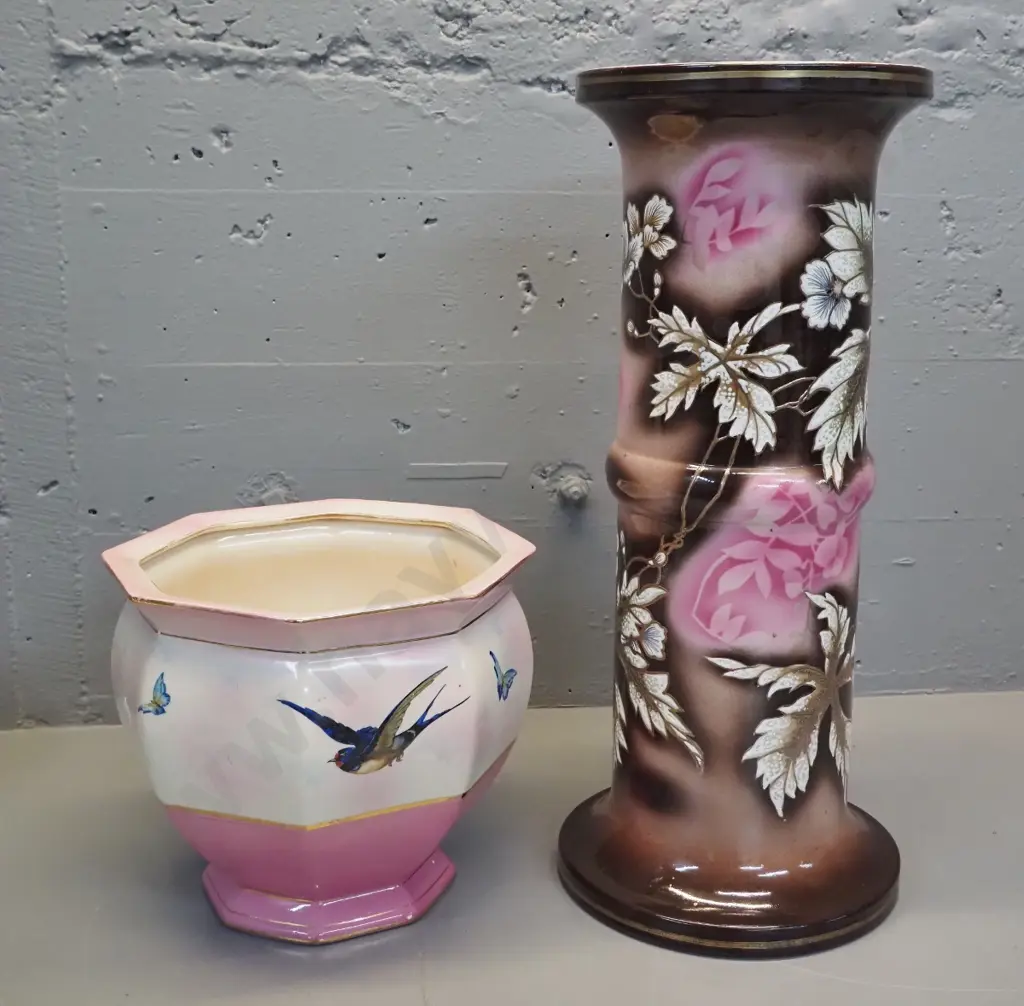 pink brown and gold jardiniere stand H520 & non-matching jardiniere with butterfly & bird designs - areas of damage Image 1++