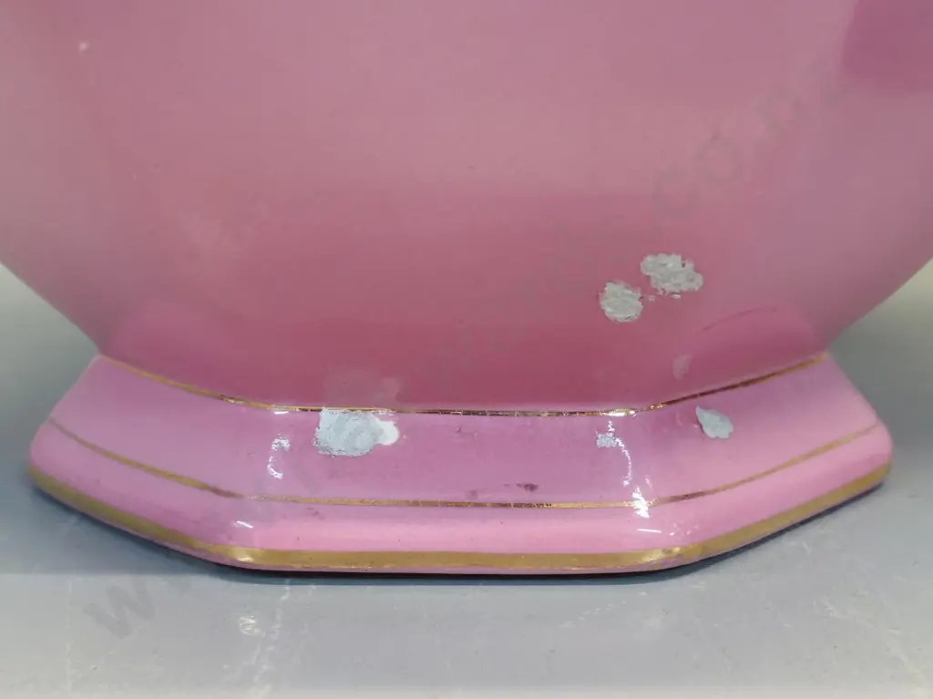 pink brown and gold jardiniere stand H520 & non-matching jardiniere with butterfly & bird designs - areas of damage Image 1++