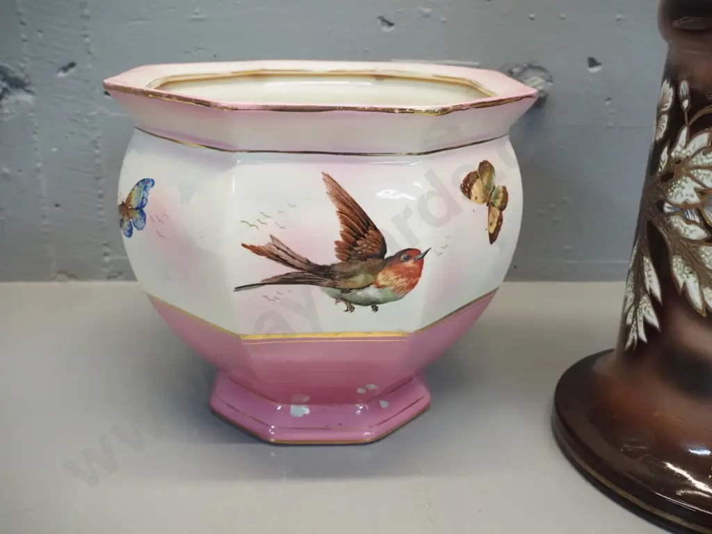 pink brown and gold jardiniere stand H520 & non-matching jardiniere with butterfly & bird designs - areas of damage Image 1++