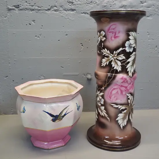 pink brown and gold jardiniere stand H520 & non-matching jardiniere with butterfly & bird designs - areas of damage