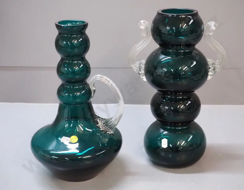 2 glass vases - jade green with clear handles - one pitcher shape, one double handled - taller is H-310 W-190 Image 1++