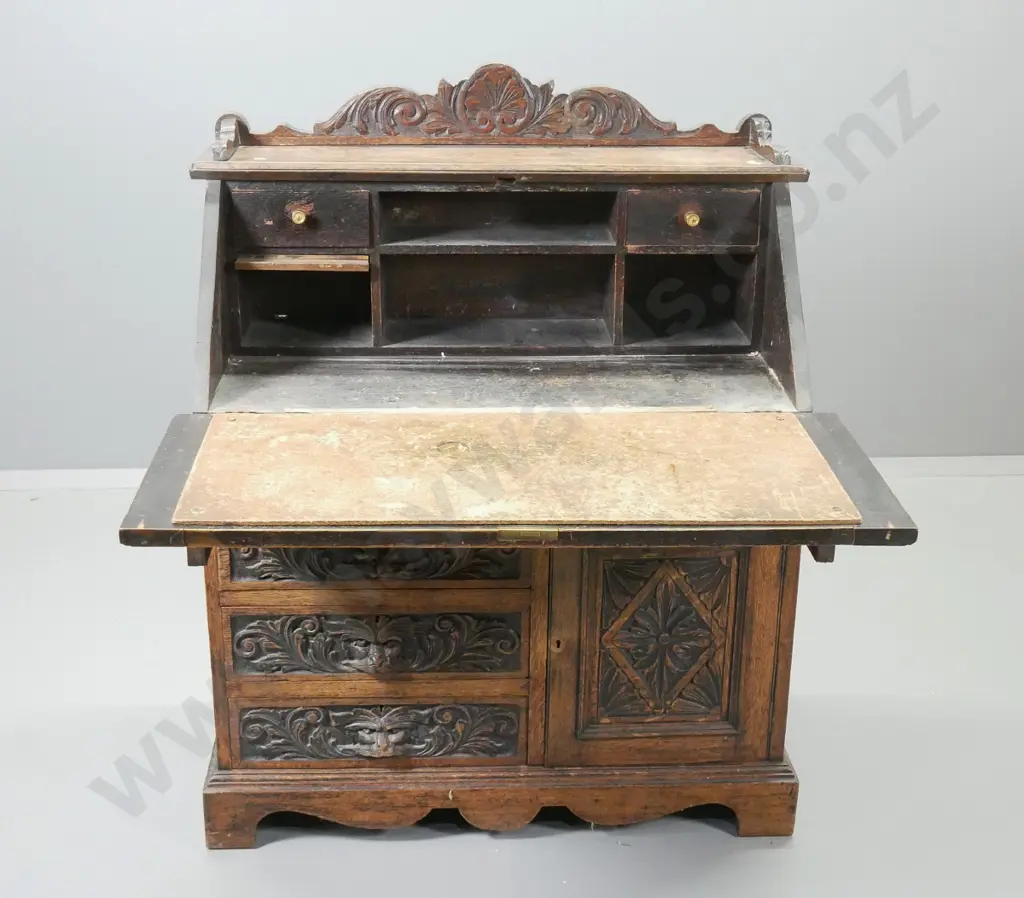 antique mahogany heavily carved drop-front writing desk w/baroque style motifs - lockable, w.key Image 1++