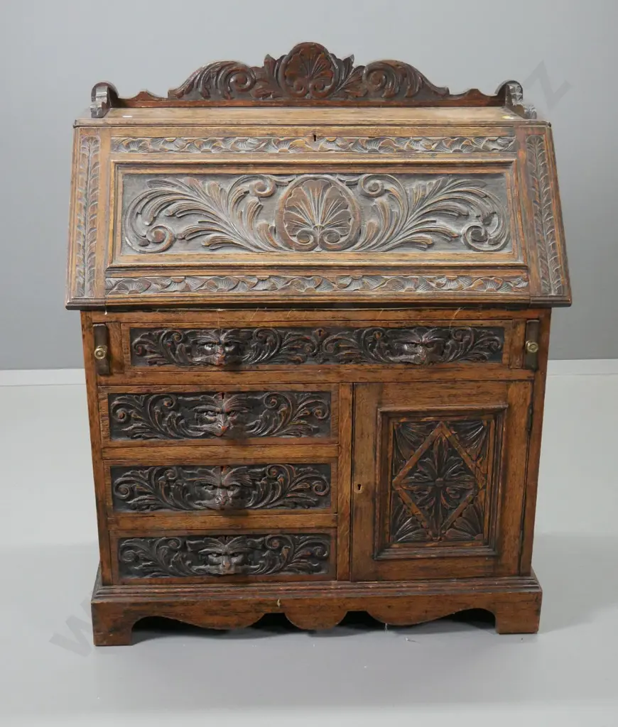 antique mahogany heavily carved drop-front writing desk w/baroque style motifs - lockable, w.key Image 1++