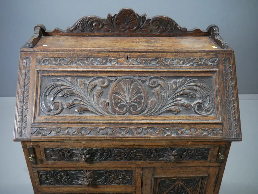 antique mahogany heavily carved drop-front writing desk w/baroque style motifs - lockable, w.key Image 1++