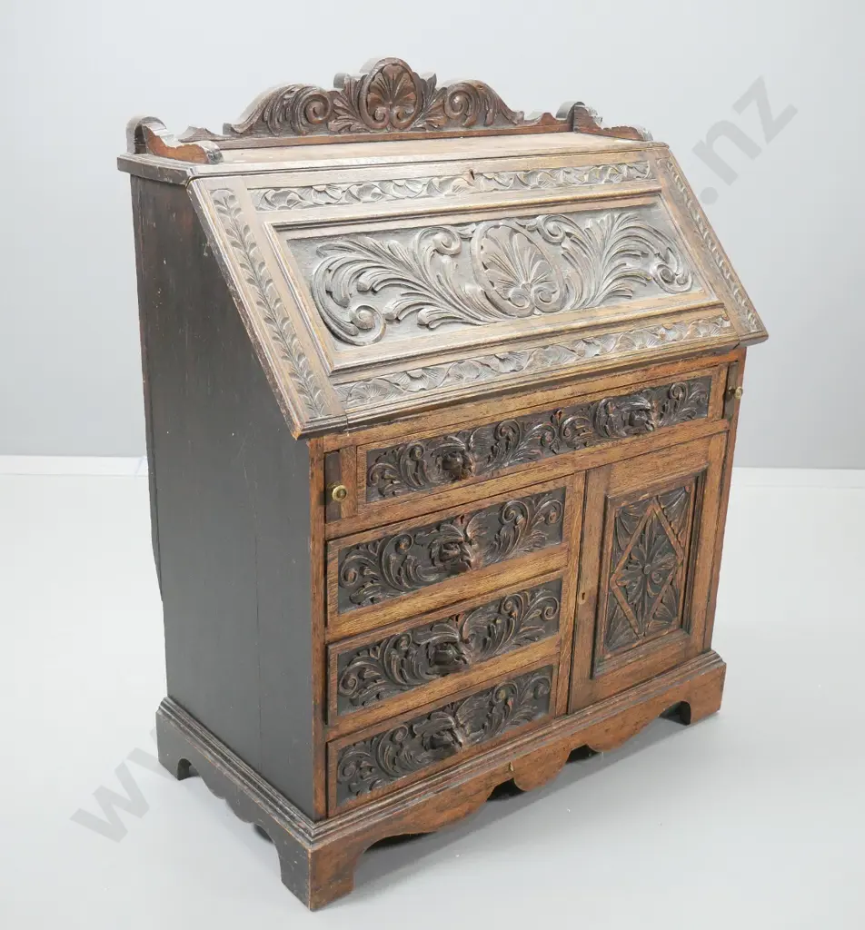 antique mahogany heavily carved drop-front writing desk w/baroque style motifs - lockable, w.key Image 1++