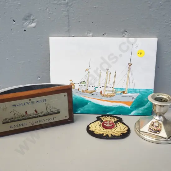hand-painted Holmdale tile, RMSS Aorangi blotter, silver-plated candlestick with SS Orsova badge and a naval cap badge
