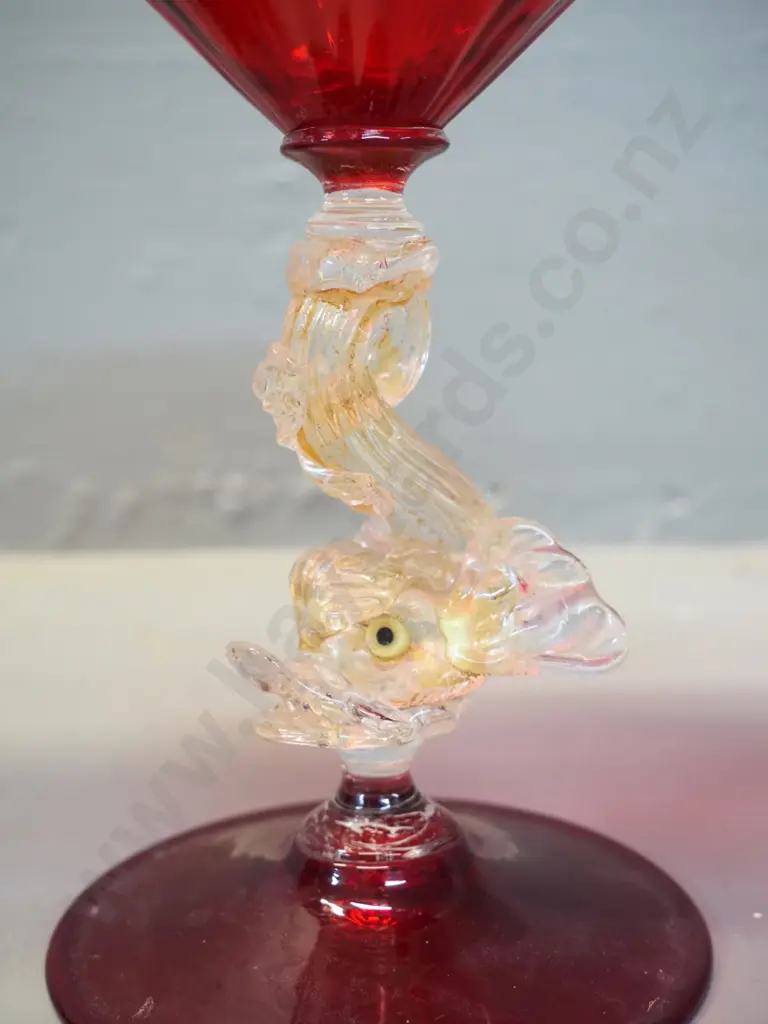 pair of hand-blown Scottish red glass vases - wear to gilt, one has chip H270, red Venetian glass comport, chip to stem Image 1++
