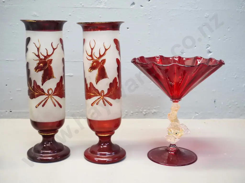 pair of hand-blown Scottish red glass vases - wear to gilt, one has chip H270, red Venetian glass comport, chip to stem Image 1++