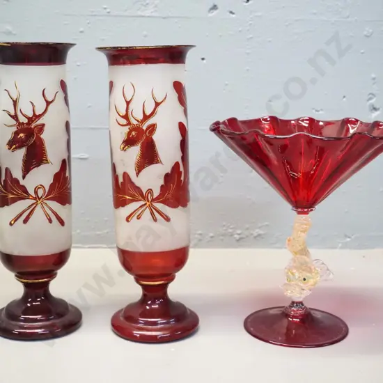pair of hand-blown Scottish red glass vases - wear to gilt, one has chip H270, red Venetian glass comport, chip to stem
