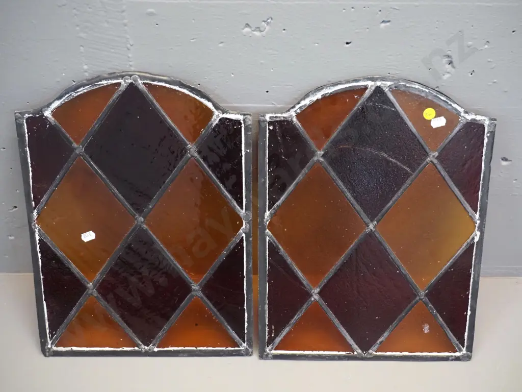 vintage pair of unframed leadlight glass panels - diamond pattern in red and gold, cracks to 2 sections H-380 W-280 Image 1++