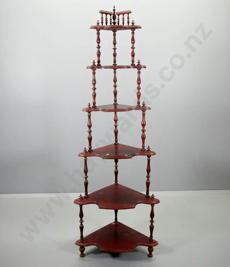 reproduction mahogany large 6-tier corner what-not with spindle upturns - splits to 2 shelves. H-2020 W-700 D-460 Image 1++