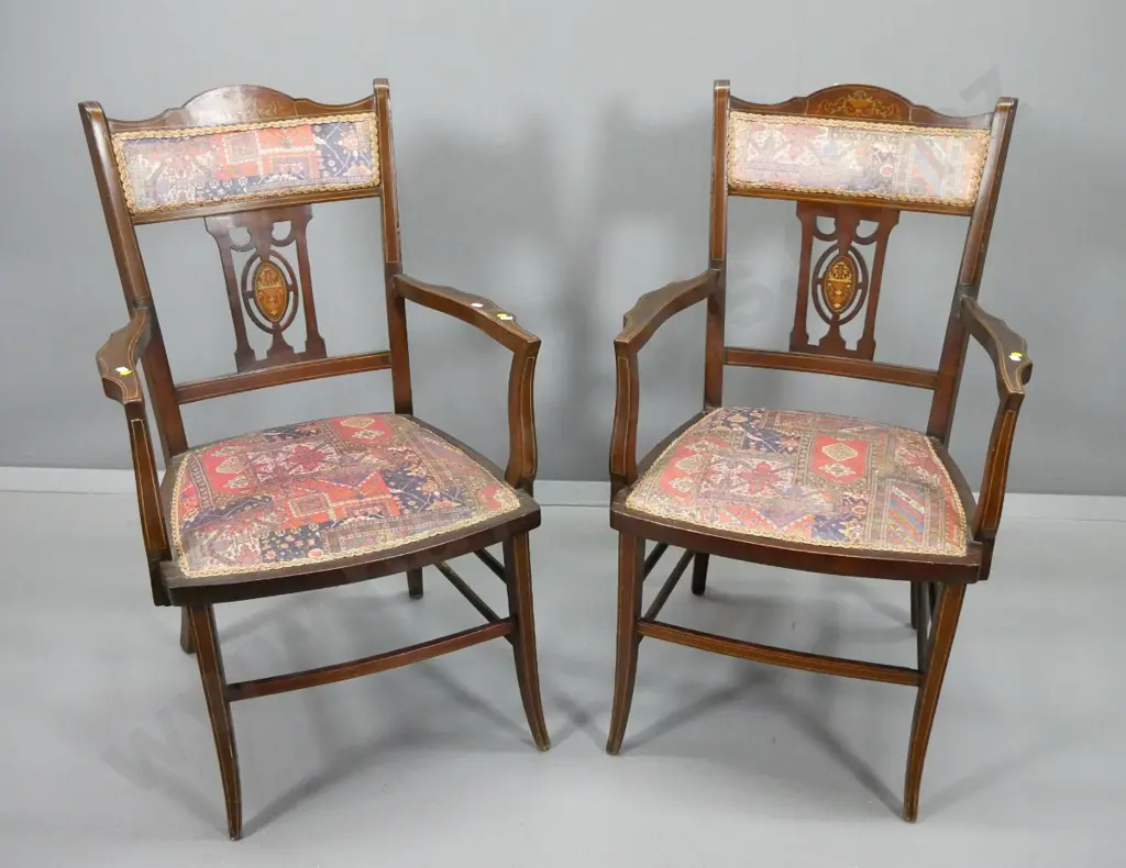 pair of Empire style mahogany framed occasional armchairs with splat backs, marquetry detail, printed velvet seat & back Image 1++