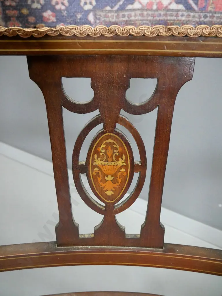 pair of Empire style mahogany framed occasional armchairs with splat backs, marquetry detail, printed velvet seat & back Image 1++