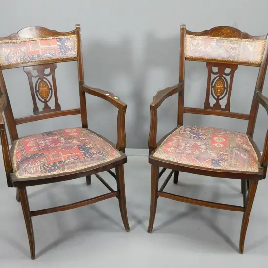 pair of Empire style mahogany framed occasional armchairs with splat backs, marquetry detail, printed velvet seat & back