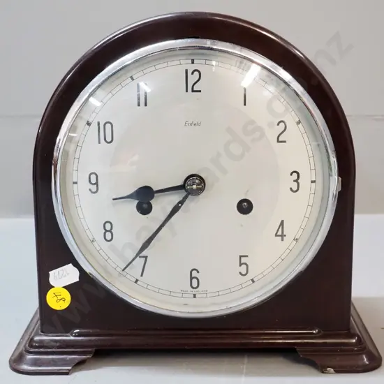 deco bakelite cased Enfield chiming mantel clock - w/pendulum, no key, some marking to case H-200 W-220 D-120