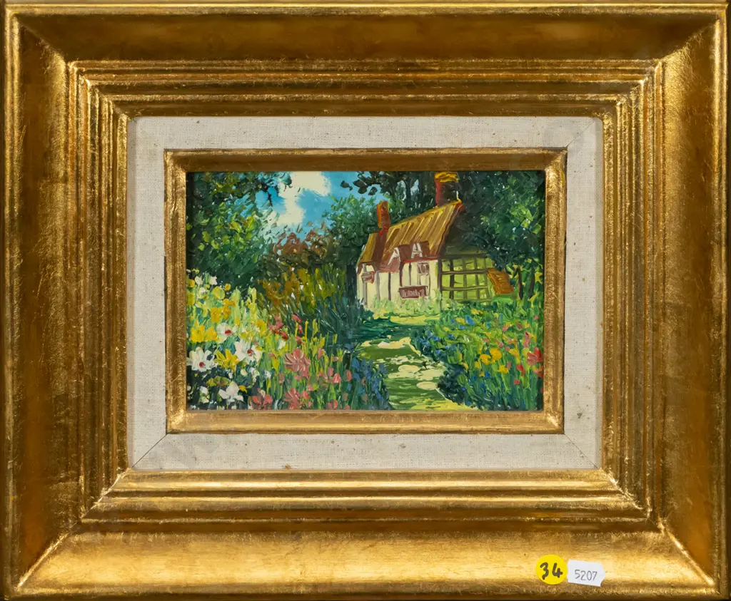 gilt framed oil -  woodland cottage H-120 W-170 Image 1++
