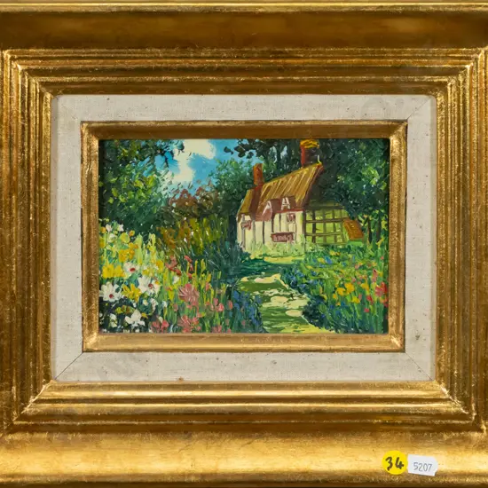 gilt framed oil -  woodland cottage H-120 W-170