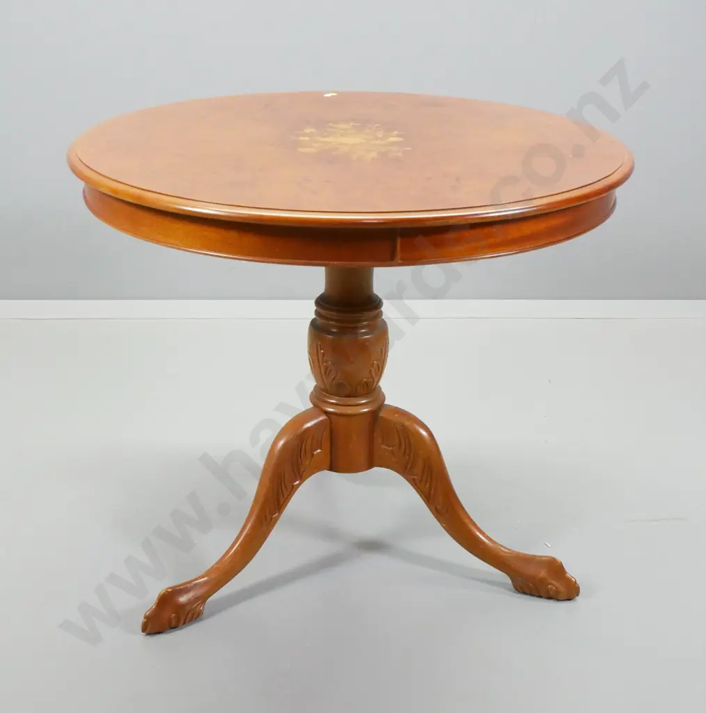 R.A. Davies Chch reproduction round supper table - burr walnut & marquetry top, carved pedestal base H720 D840 Image 1++
