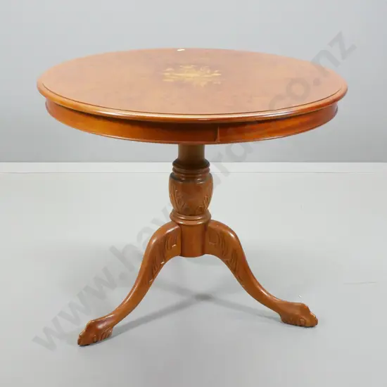 R.A. Davies Chch reproduction round supper table - burr walnut & marquetry top, carved pedestal base H720 D840