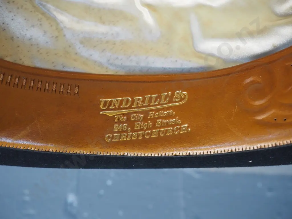 vintage bowler hat w/embossed leather band "The City Hat" & Undrill's Christchurch - some wear, foxing to lining Image 1++