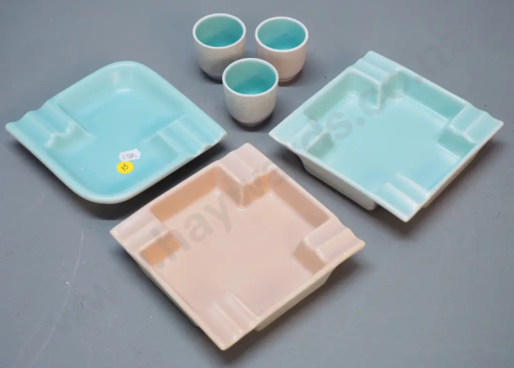 3 Poole ashtrays - 2 teal and 1 apricot - and 3 seagull & teal egg cups Image 1++