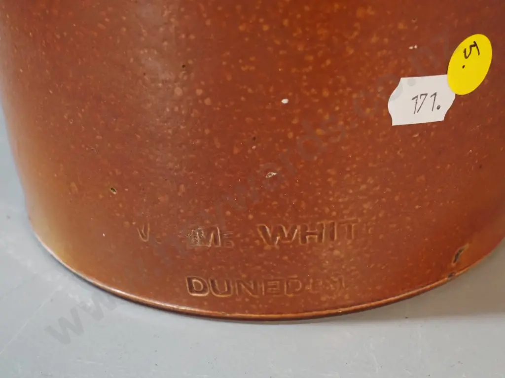 vintage small wide mouth crock  marked V.M. White Dunedin - small manufacturing flaw H170 D160 Image 1++