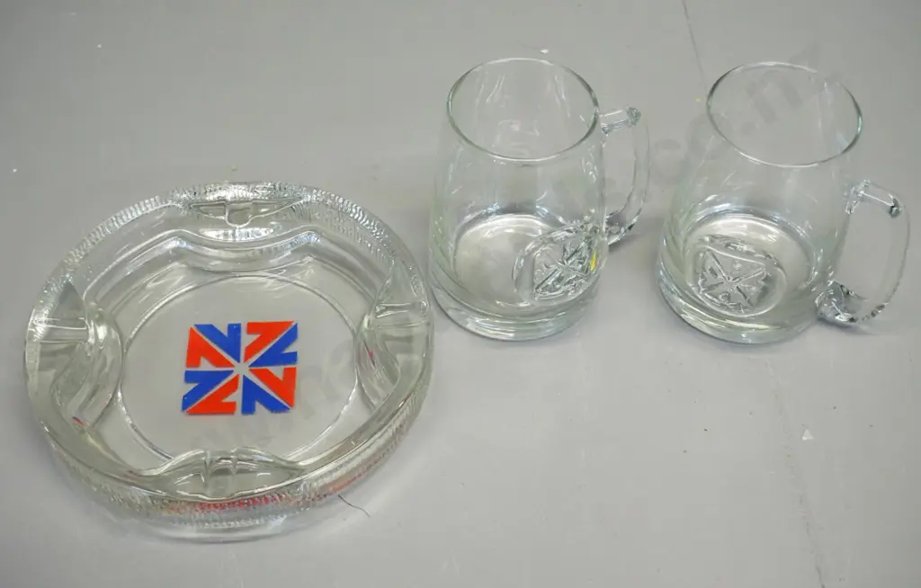 New Zealand 1974 Commonwealth Games souvenir glass items - ashtray and 2 beer mugs Image 1++