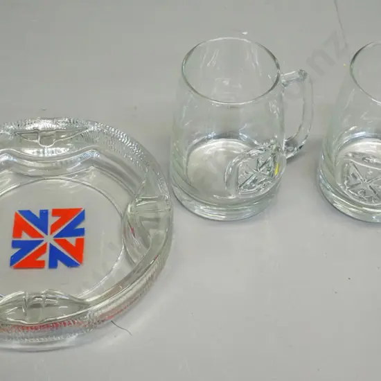 New Zealand 1974 Commonwealth Games souvenir glass items - ashtray and 2 beer mugs