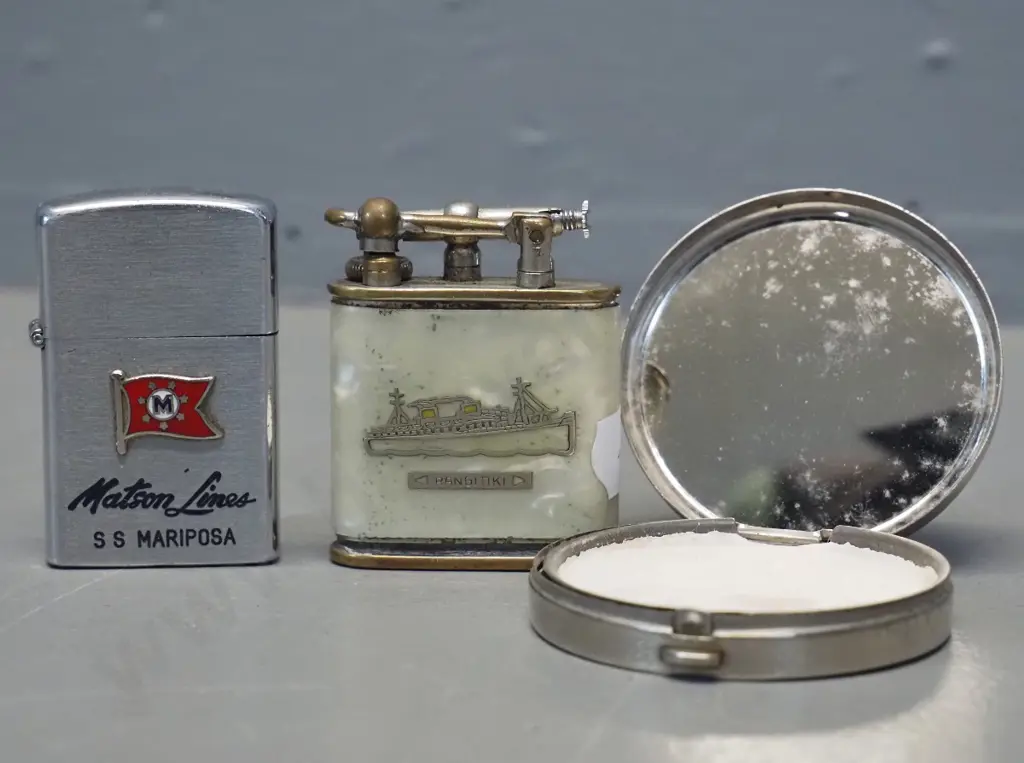 2 cigarette lighters - Rangitiki and SS Mariposa, and a chrome and enamel powder compact with HMS Achilles badge D-55 Image 1++