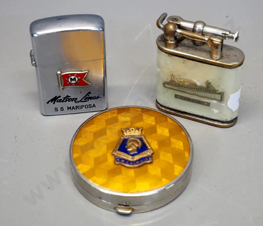 2 cigarette lighters - Rangitiki and SS Mariposa, and a chrome and enamel powder compact with HMS Achilles badge D-55 Image 1++