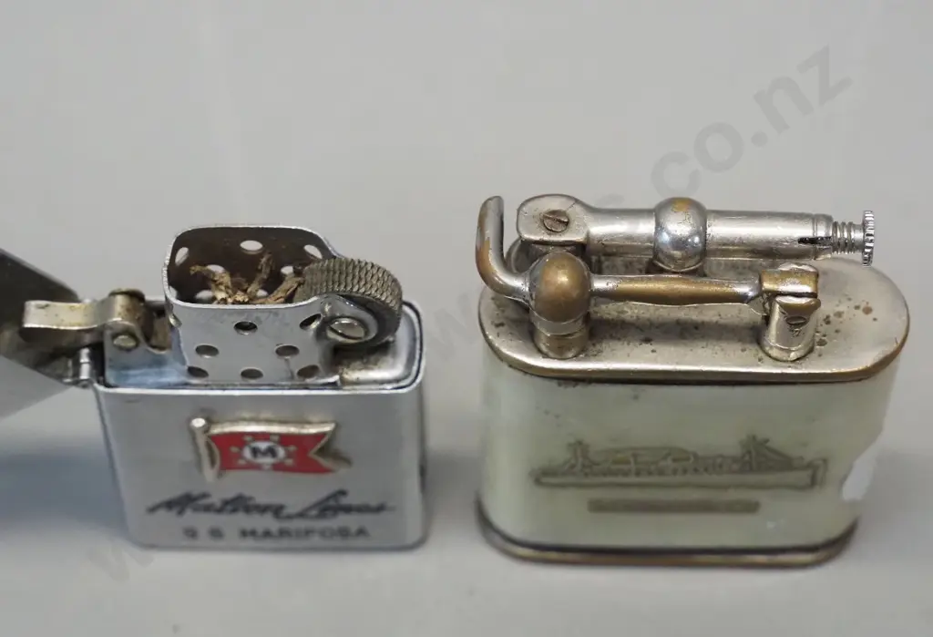 2 cigarette lighters - Rangitiki and SS Mariposa, and a chrome and enamel powder compact with HMS Achilles badge D-55 Image 1++