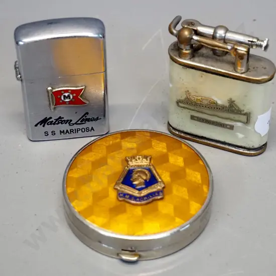 2 cigarette lighters - Rangitiki and SS Mariposa, and a chrome and enamel powder compact with HMS Achilles badge D-55