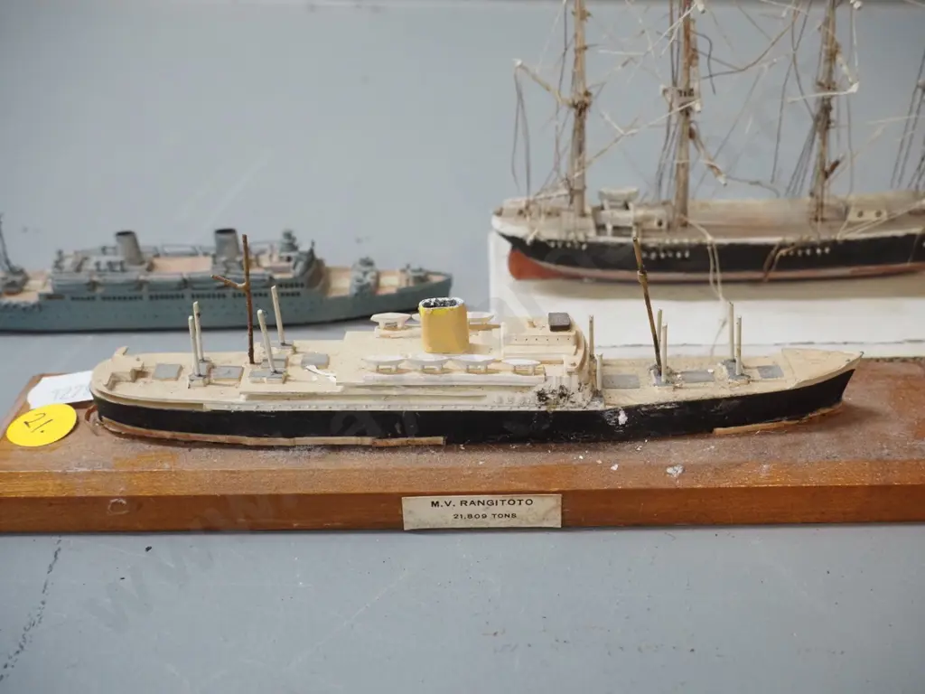 3 small ship models - restorer's wooden ship H125 L155, plastic & wood MV Rangitoto and Awatea Image 1++