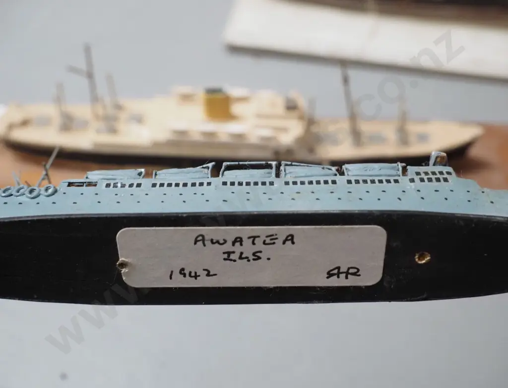 3 small ship models - restorer's wooden ship H125 L155, plastic & wood MV Rangitoto and Awatea Image 1++
