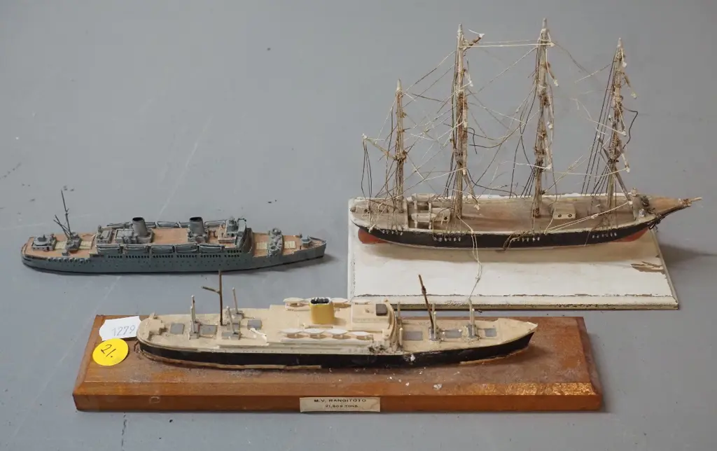 3 small ship models - restorer's wooden ship H125 L155, plastic & wood MV Rangitoto and Awatea Image 1++