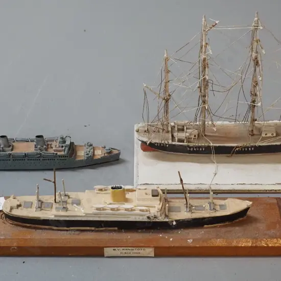 3 small ship models - restorer's wooden ship H125 L155, plastic & wood MV Rangitoto and Awatea